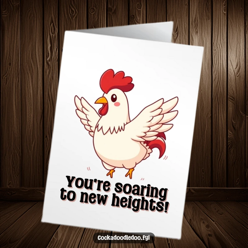 Funny Free Printable Congratulations Card: A rooster with wings spread wide, comically soaring through the sky to celebrate your win!