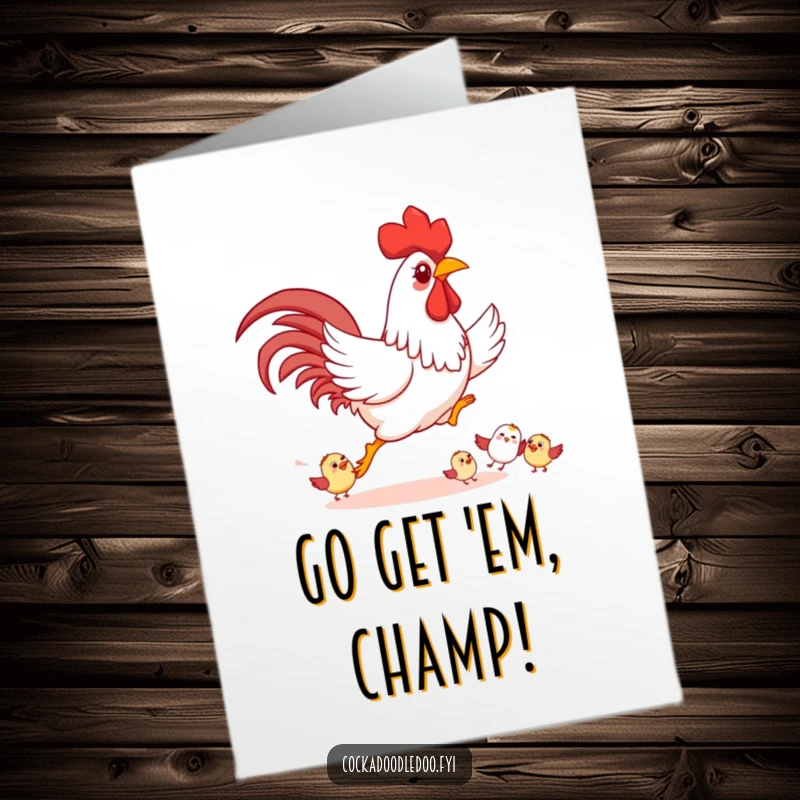 Funny Free Printable Congratulations Card: Playful rooster happily chasing smaller cartoon birds, symbolizing energetic pursuit.