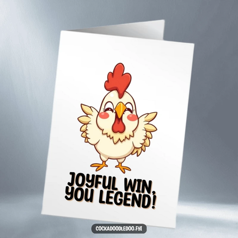 Funny Free Printable Congratulations Card: A stylized rooster with an exaggeratedly happy expression, celebrating success. Downloadable art.