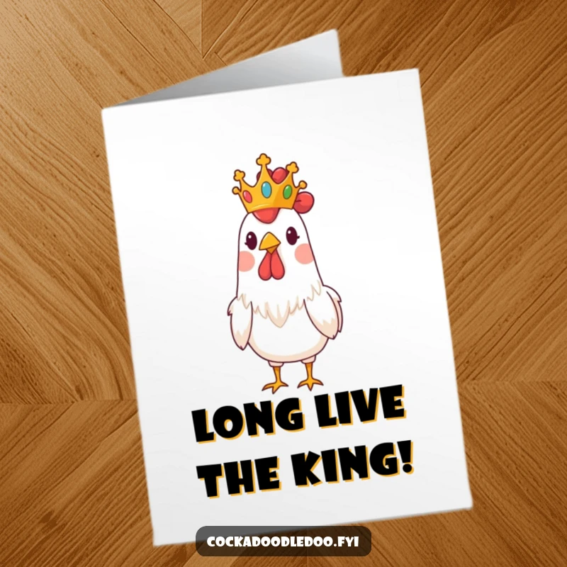 Funny Free Printable Congratulations Card: A rooster regally adorned with a tiny crown, exuding comical authority and pride.