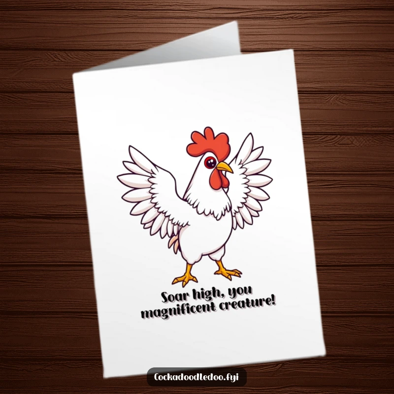 Funny Free Printable Congratulations Card: Determined Kawaii rooster striking a grand pose, wings spread wide.