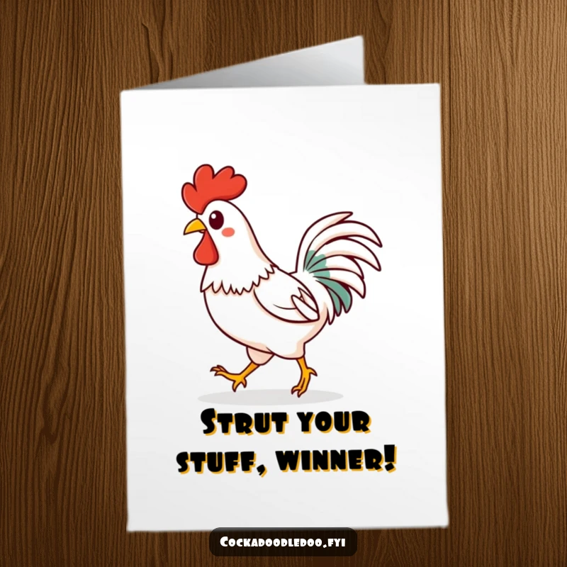 Funny Free Printable Congratulations Card: Happy Kawaii rooster confidently strutting with a noticeable spring in its step.