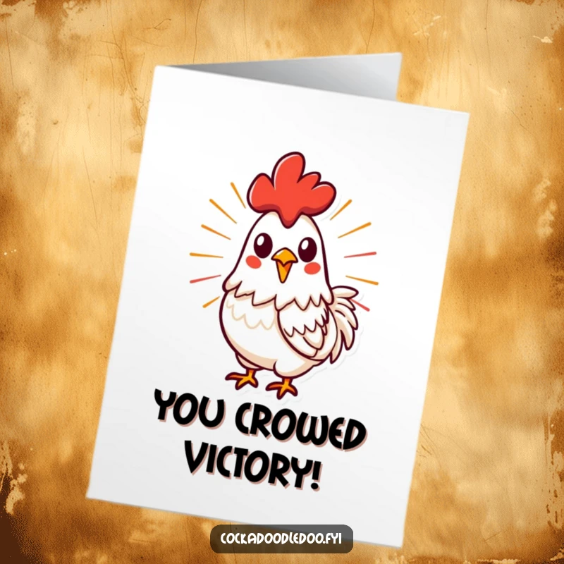 Funny Free Printable Congratulations Card: A stylized rooster crows powerfully, with energetic lines bursting from its beak, celebrating success.