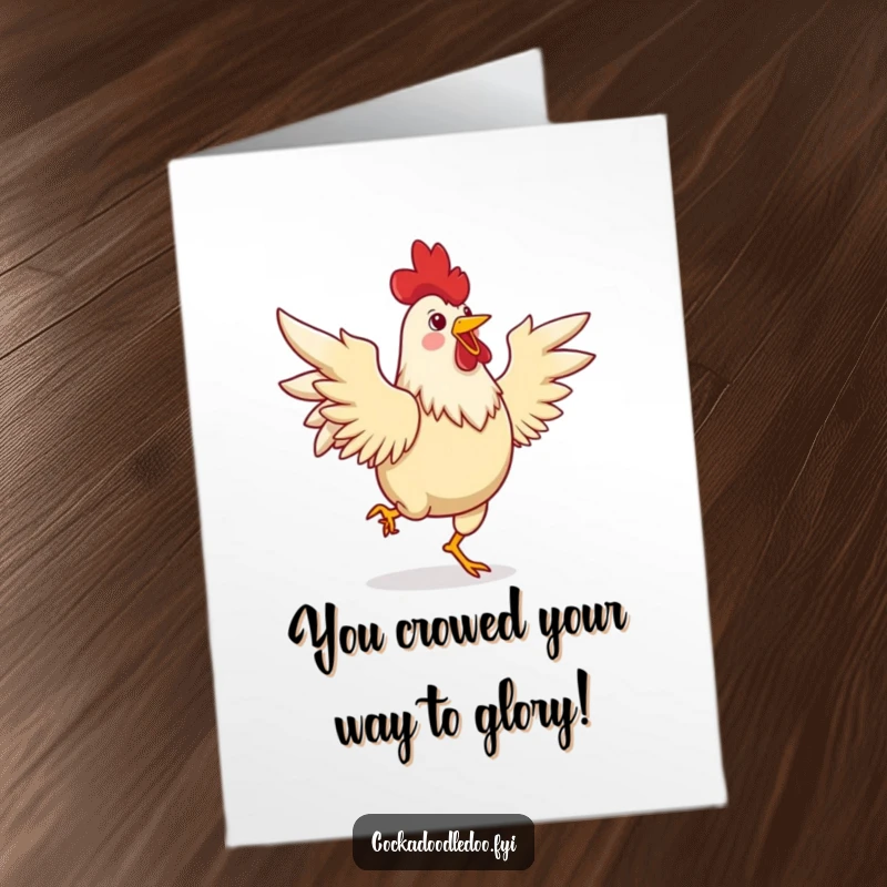 Funny Free Printable Congratulations Card: A joyful rooster dancing a lively jig with wings spread, great for a downloadable gift.