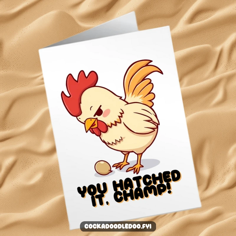 Funny Free Printable Rooster Congratulation Card: Determined rooster aggressively pecking a tiny seed, symbolizing triumph.