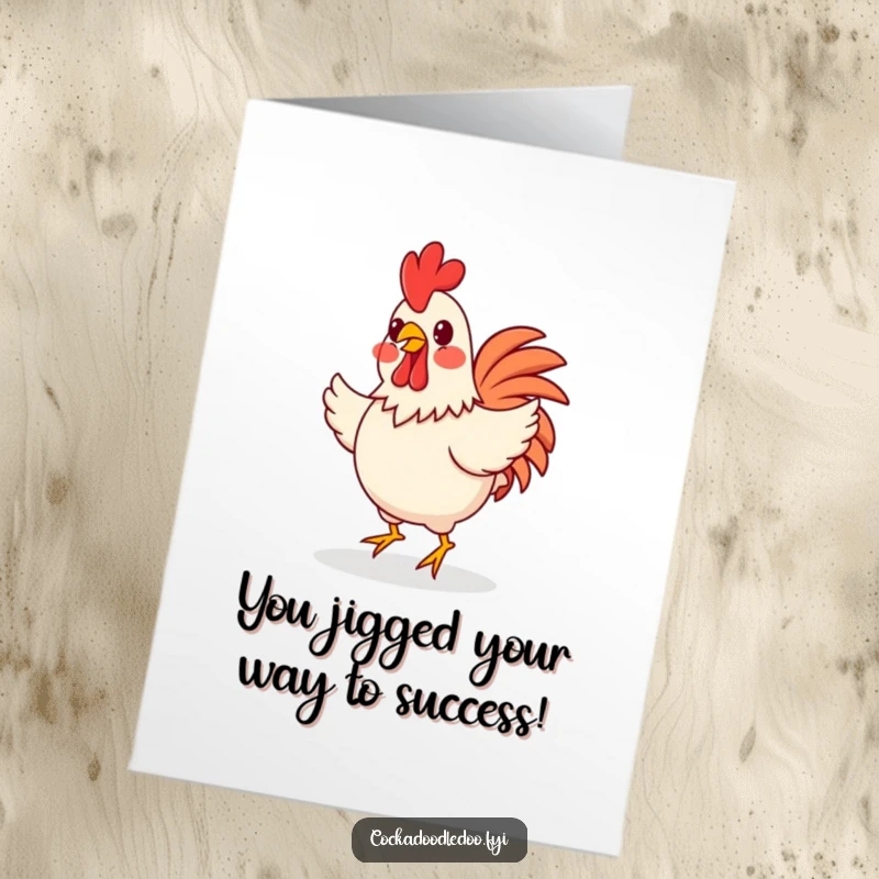 Funny Free Printable Congratulations Card: A happy rooster with rosy cheeks dances joyfully, celebrating a fantastic achievement.