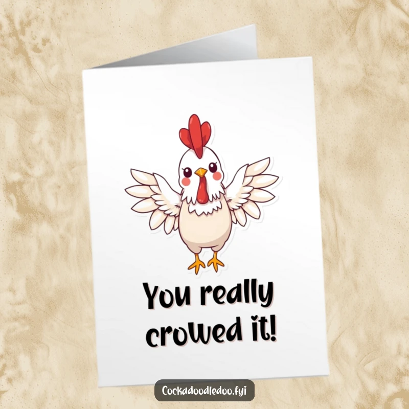 Free Printable Congratulations Card: A super cute kawaii rooster enthusiastically greets with wings spread wide. Cheerful congratulations.