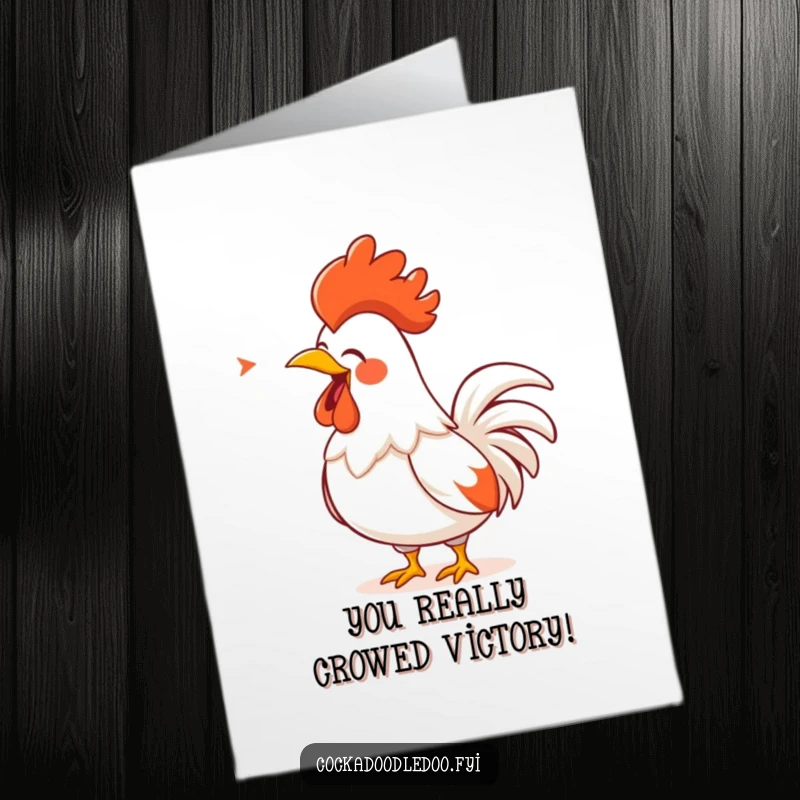 Funny Free Printable Congratulations Card: A cartoon rooster with a golden comb loudly singing, celebrating a glorious achievement.