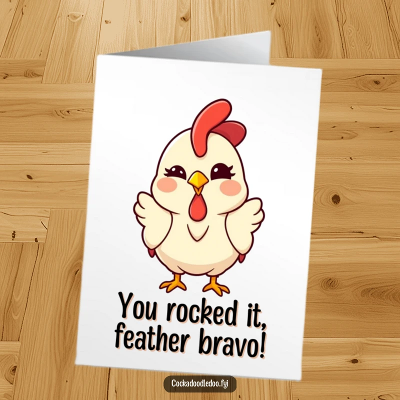 Funny Free Printable Congrats Card: Playful kawaii rooster winking, celebrating success, ideal downloadable congratulations.