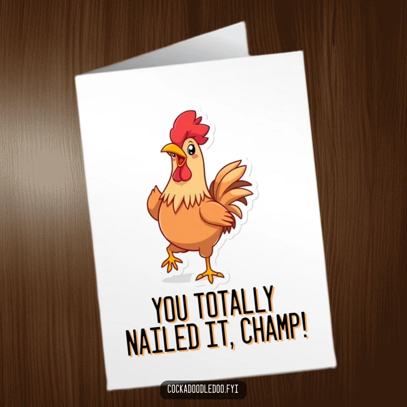 Funny Free Printable Congratulations Card: Kawaii rooster struts proudly, beak open, celebrating success with downloadable charm.