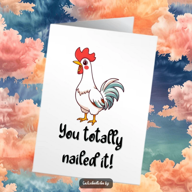 Funny Free Printable Congratulations Card: Kawaii rooster stretching, neck high, letting out a joyful crow of success.