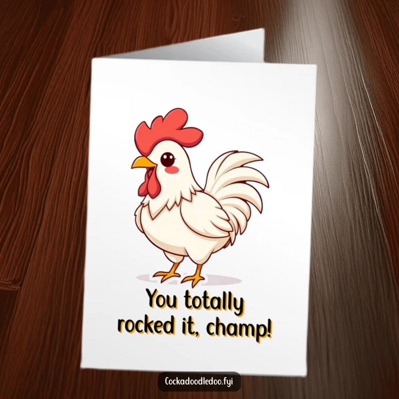 Funny Free Printable Congratulations Card: Vibrant Kawaii rooster energetically crowing with puffed chest, celebrating success.