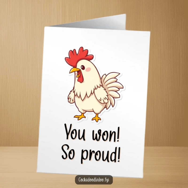 Funny Free Printable Congratulations Card: Happy Rooster with Determined Face Crowing Loudly, Celebrating Success