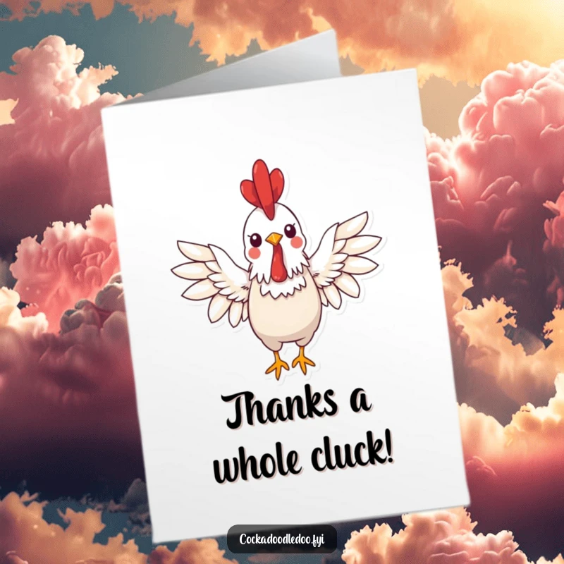 Funny Free Printable Thank You Card: A delightful kawaii rooster greets warmly with wings spread wide. Adorable thanks.
