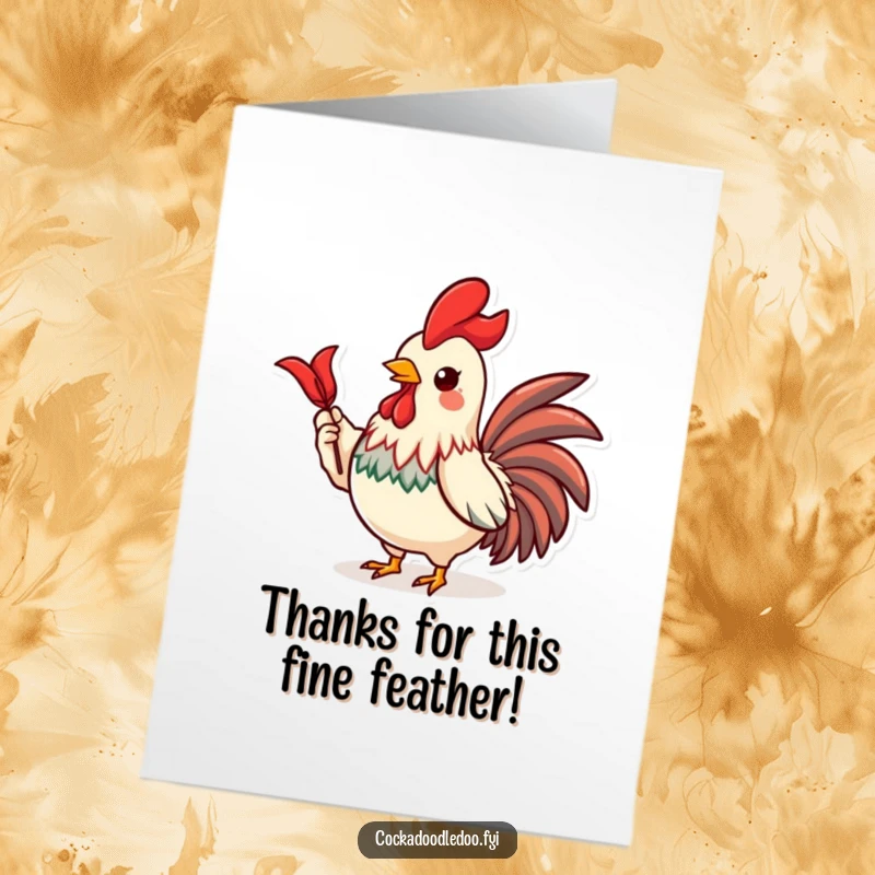 Funny Free Printable thank you card: a proud Kawaii rooster character proudly presents a shiny red feather.