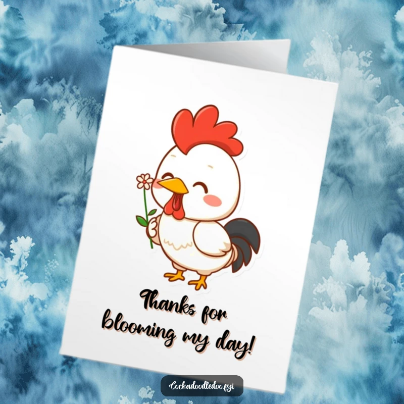 Funny Free Printable Thank You Card: Kawaii rooster offering a tiny flower with a sweet, proud smile.