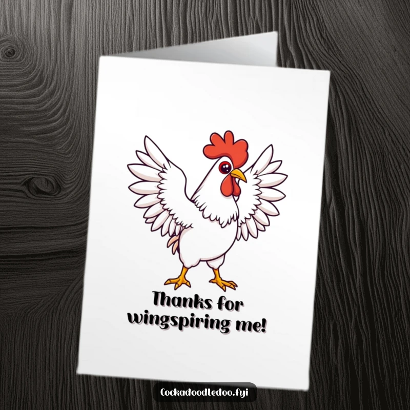 Funny Free Printable Thank You Card: Determined Kawaii rooster with wings spread wide, ready to express thanks.