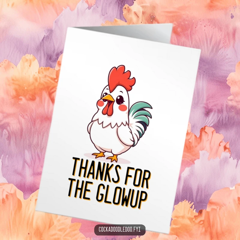 Funny Free Printable Thank You Card: Kawaii rooster with a glowing comb, expressing excitement and thanks, downloadable charm.