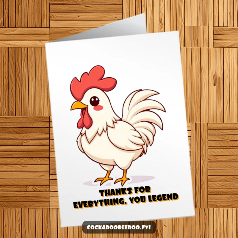 Funny Free Printable Thank You Card: Vibrant Kawaii rooster energetically crowing with puffed chest, expressing thanks.