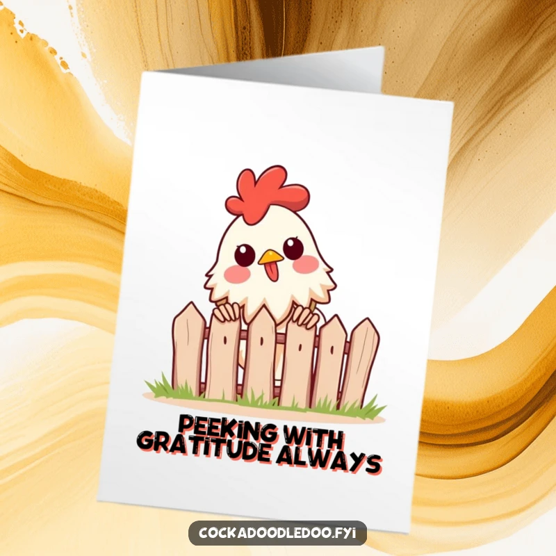 Funny Free Printable Thank You Card: A rooster excitedly peeks over a tiny fence. Downloadable, curious gratitude.