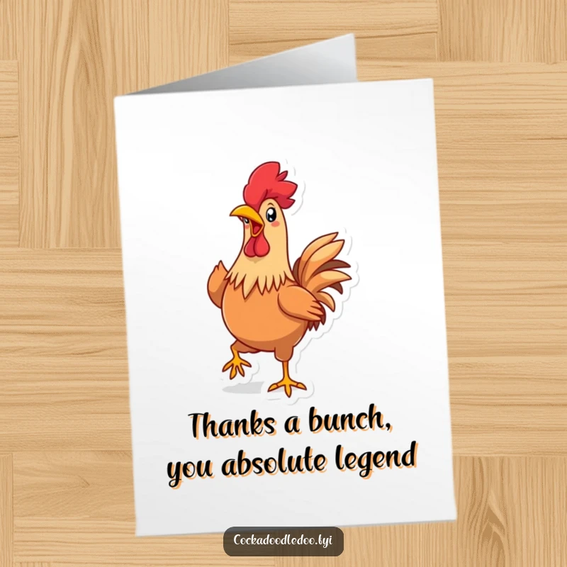 Funny Free Printable Thank You Card: Kawaii rooster struts with pride, beak wide, a downloadable expression of thanks.