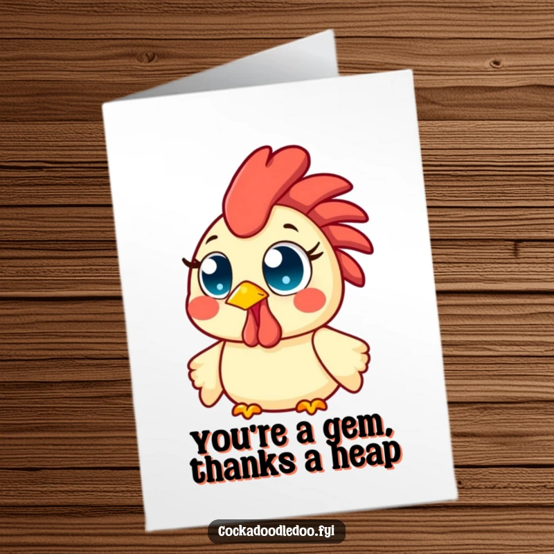 Funny Free Printable Thank You Card: Kawaii rooster with bright wide eyes, beaming with morning cheer and happy gratitude.