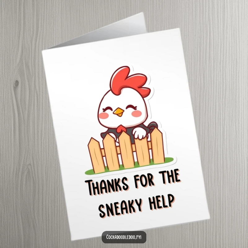 Funny Free Printable Thank You Card: Mischievous Kawaii rooster peeking over a tiny fence with a wink, expressing thanks playfully.