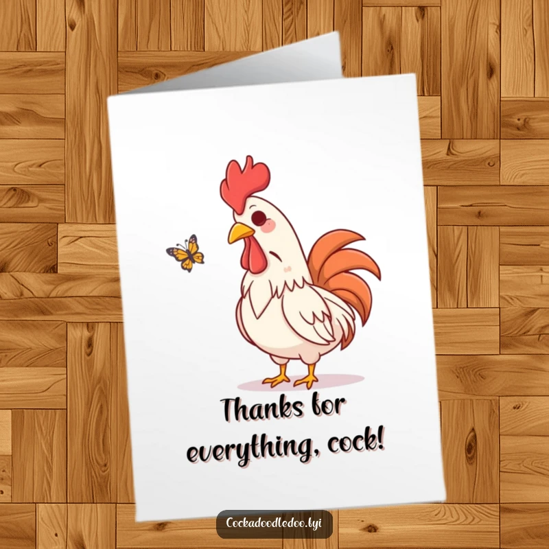 Funny Free Printable Thank You Card: An amused rooster character visually chuckling while observing a butterfly’s flight.