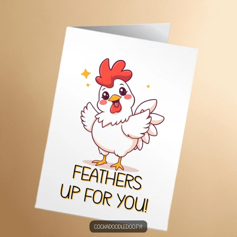 Funny Free Printable Rooster Thank You Card: A rooster with a wide, happy grin and sparkling eyes fluttering joyfully.