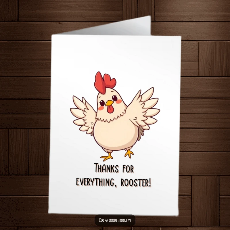Funny Free Printable Thank You Card: A cheerful rooster stretches its wings wide, symbolizing a grateful heart.