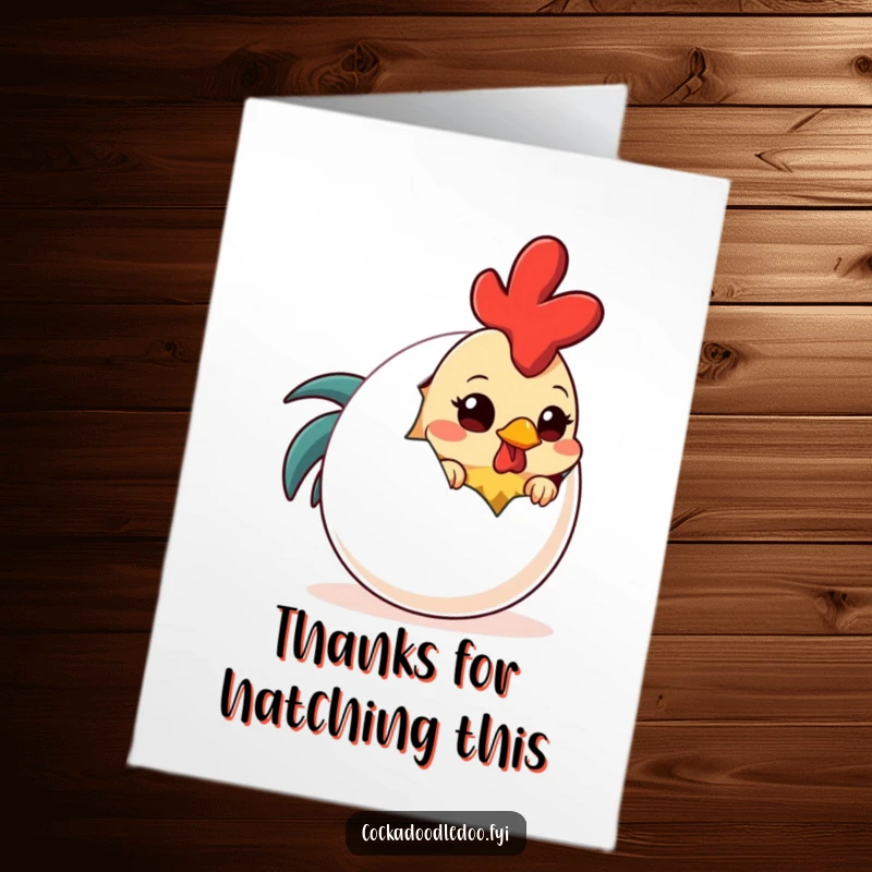 Funny Free Printable Thank You Card: Shy Rooster Gently Peeking from a Comical Giant Egg