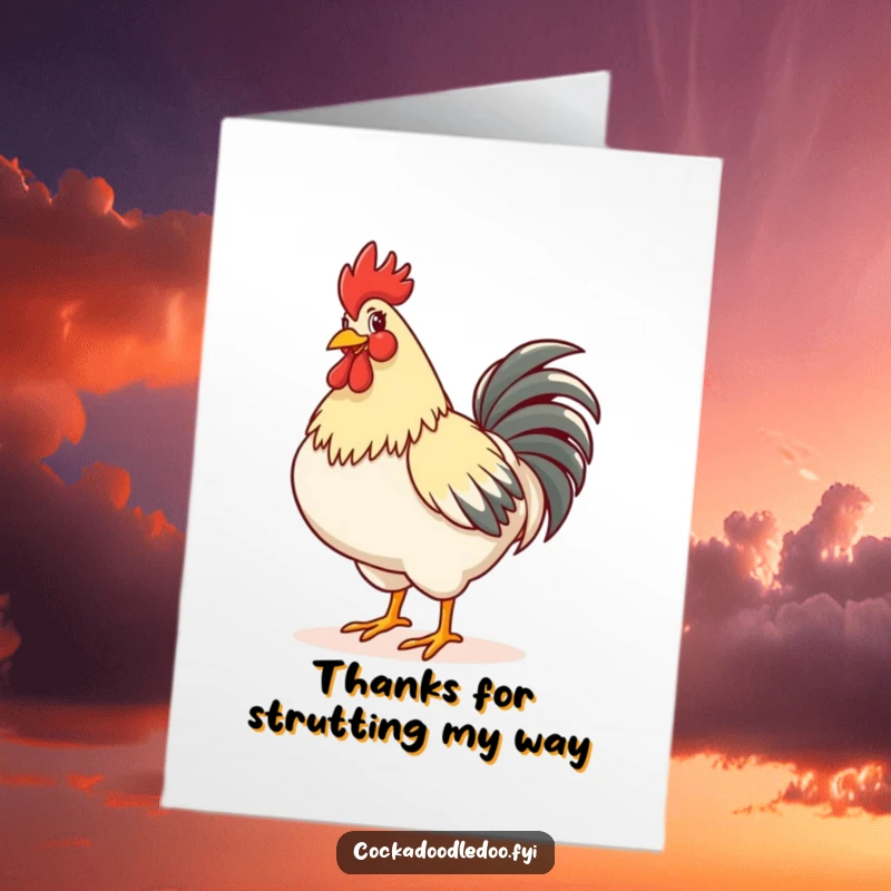 Funny Free Printable Thank You Card: A happy rooster struts confidently with puffed chest. Downloadable, cheerful thanks.