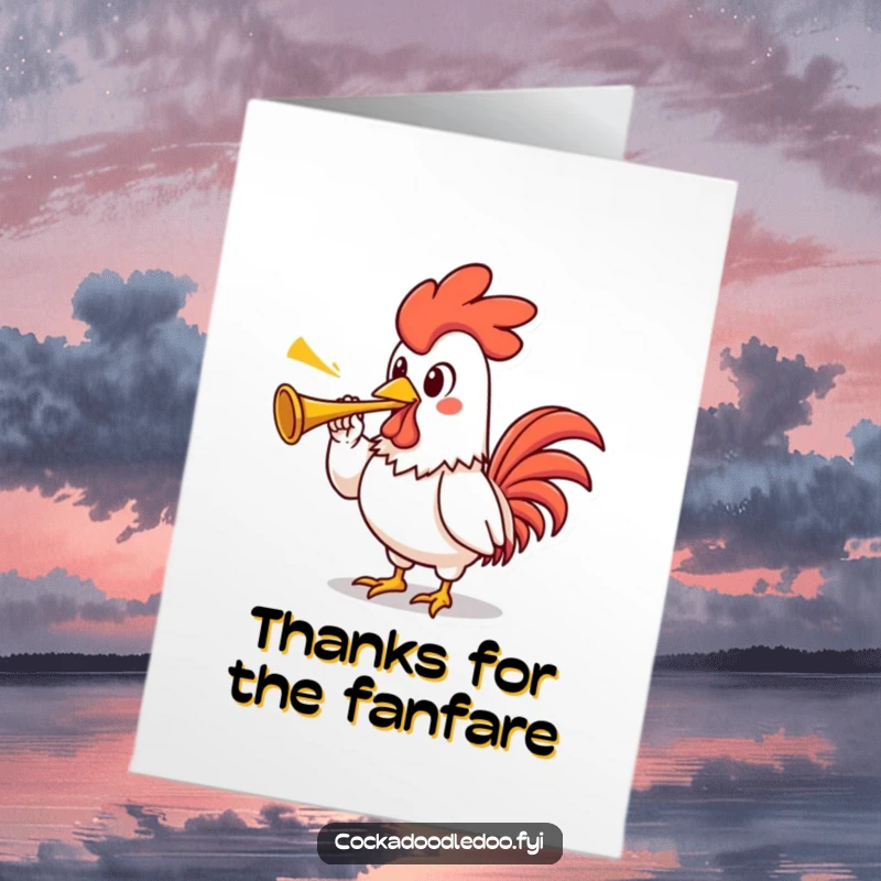 Funny Free Printable Thank You Card: A proud rooster character blowing a tiny trumpet to express thanks.