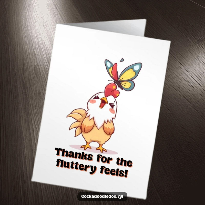 Funny Free Printable Thank You Card: Giggling Kawaii rooster looking up with amusement at a butterfly.