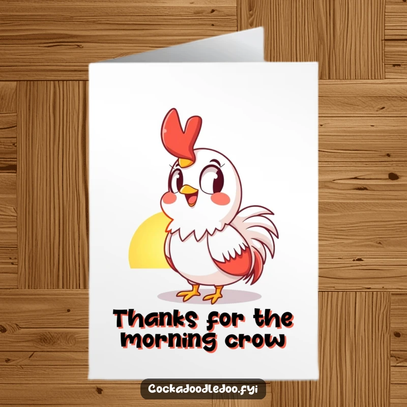 Funny Free Printable Thank You Card: A happy rooster greets the sunrise, expressing sincere gratitude with a grin.