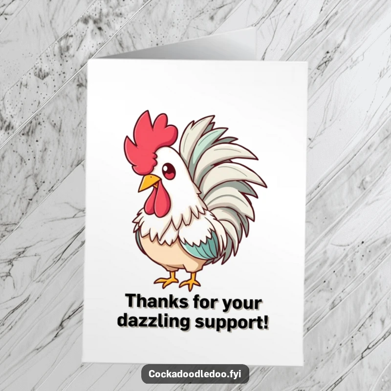 Funny Free Printable Thank You Card: A rooster in a feathered boa looking amused and glamorous, expressing thanks with style. Downloadable art.