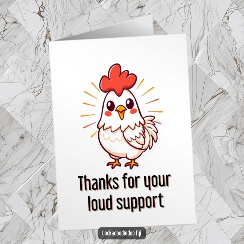 Funny Free Printable Thank You Card: Stylized rooster mid-crow, radiating energy, conveying a powerful and heartfelt thank you.