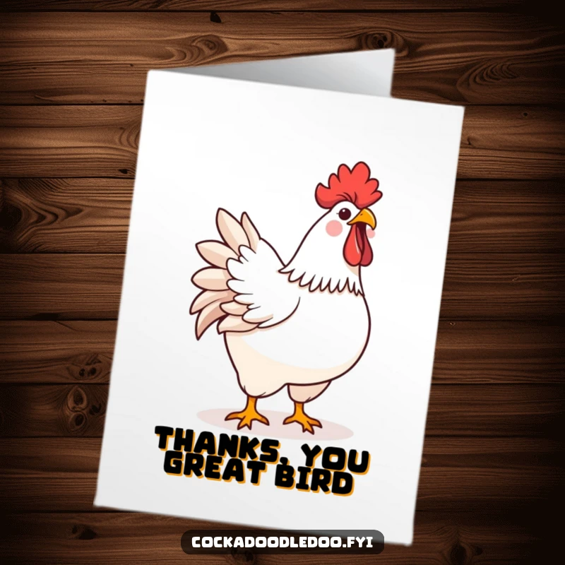 Funny Free Printable Thank You Card: A cute kawaii rooster proudly crows, conveying sincere thanks with a joyful and energetic spirit.