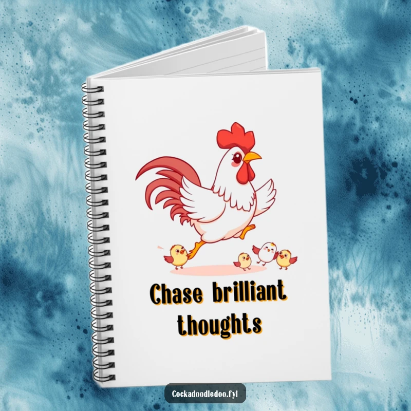 Funny Rooster Notebook, featuring playful chasing of smaller cartoon birds happily, perfect for notes.