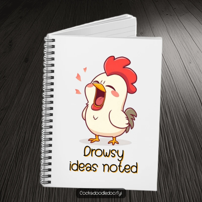 Funny notebook cover depicting a rooster in a colossal, comical yawn, eyes closed, perfect for note-taking enthusiasts.