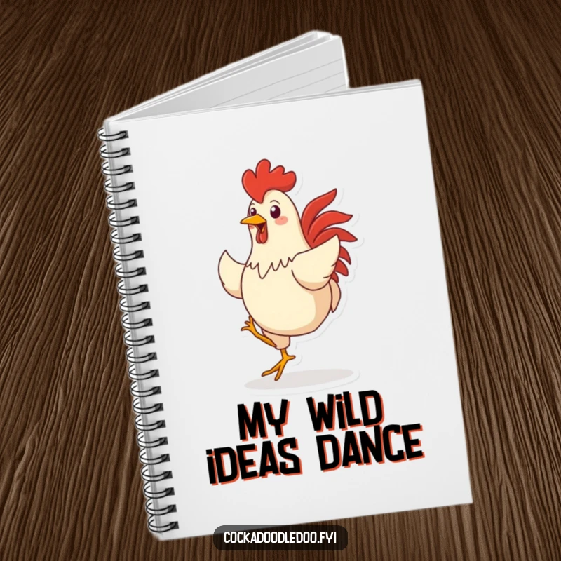 Funny notebook with a cover illustration of a jubilant rooster character dancing joyfully, inspiring fun note-taking.