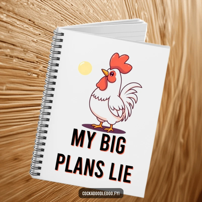 Funny notebook cover featuring a determined rooster crowing at a small moon, ready to inspire note-taking.