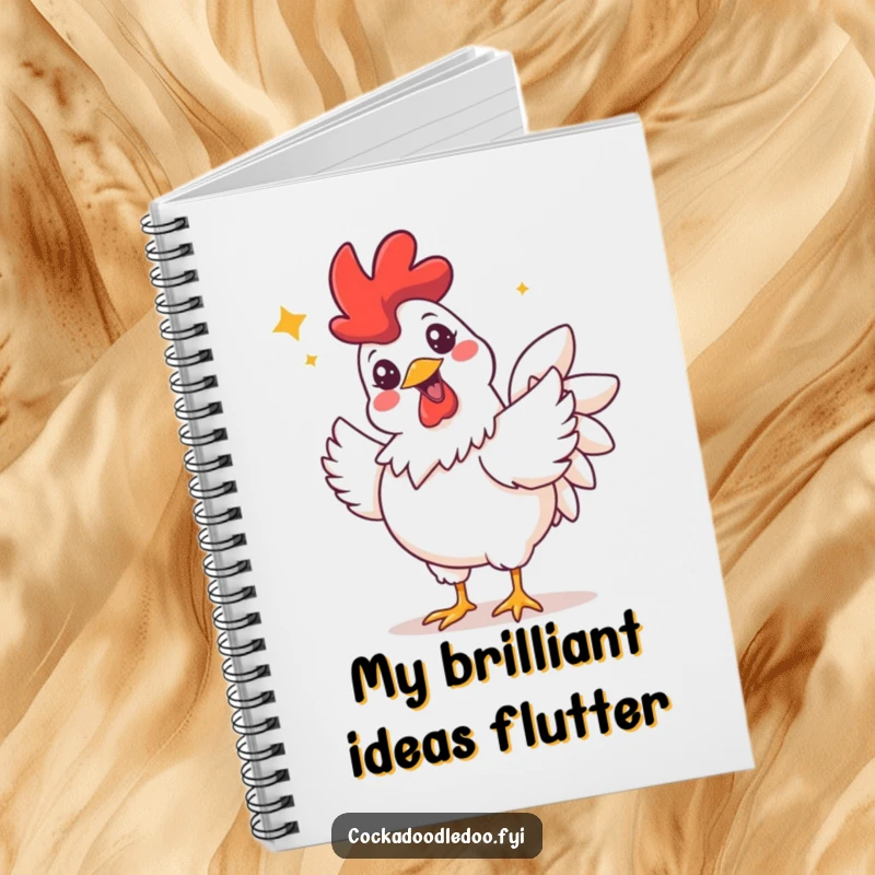 Funny notebook featuring a rooster with a wide grin and sparkling eyes, joyfully performing a celebratory flutter, inspiring happiness.