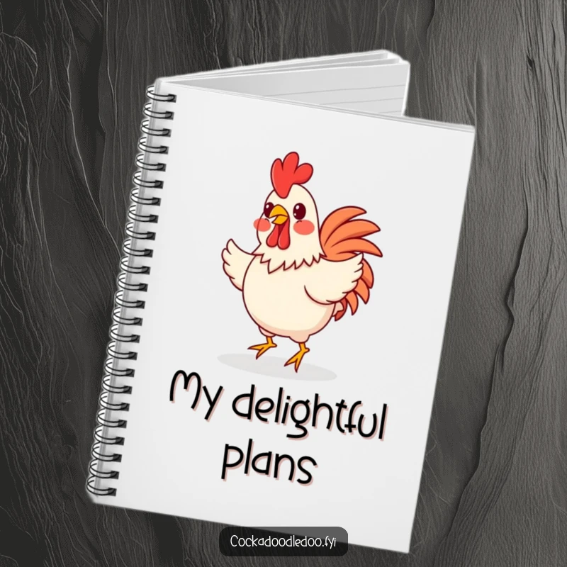 Funny happy rooster doing a cheerful jig on a notebook cover, perfect for jotting down ideas with a joyful rhythm.