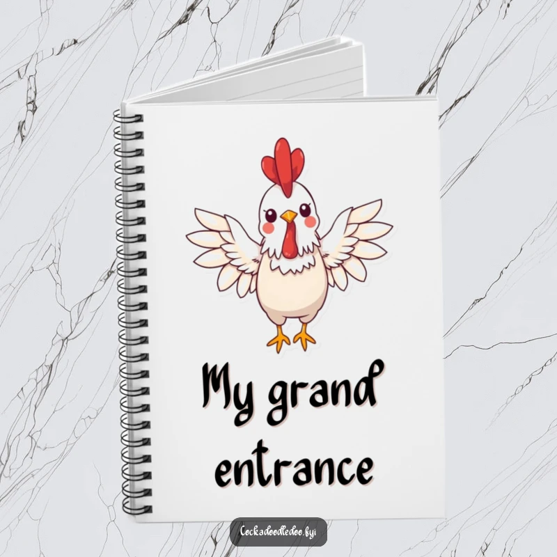 Funny kawaii rooster notebook featuring a cheerful rooster with wings spread wide in a greeting, a cute funny journal.