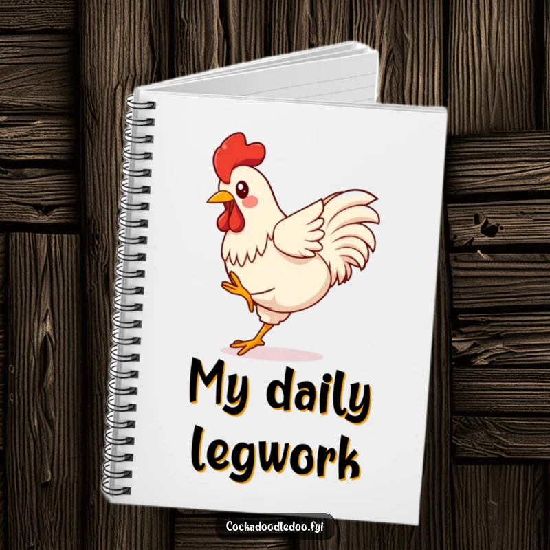 Funny Kawaii Rooster Notebook cover featuring a bird energetically kicking its legs with infectious, boundless, and happy energy.