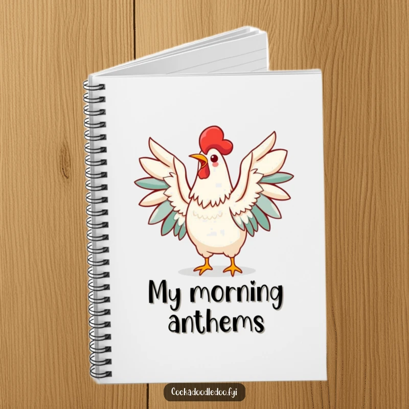 Funny Kawaii Rooster Notebook cover featuring a cheerful bird spreading its wings for a loud and happy morning call.