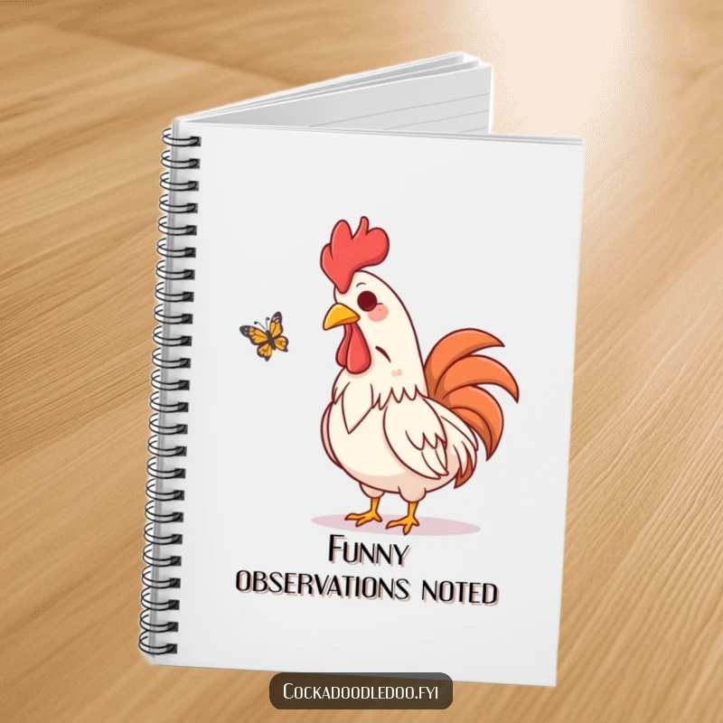 Funny notebook with an amused rooster character visually chuckling while watching a butterfly flutter by, perfect for jotting notes.