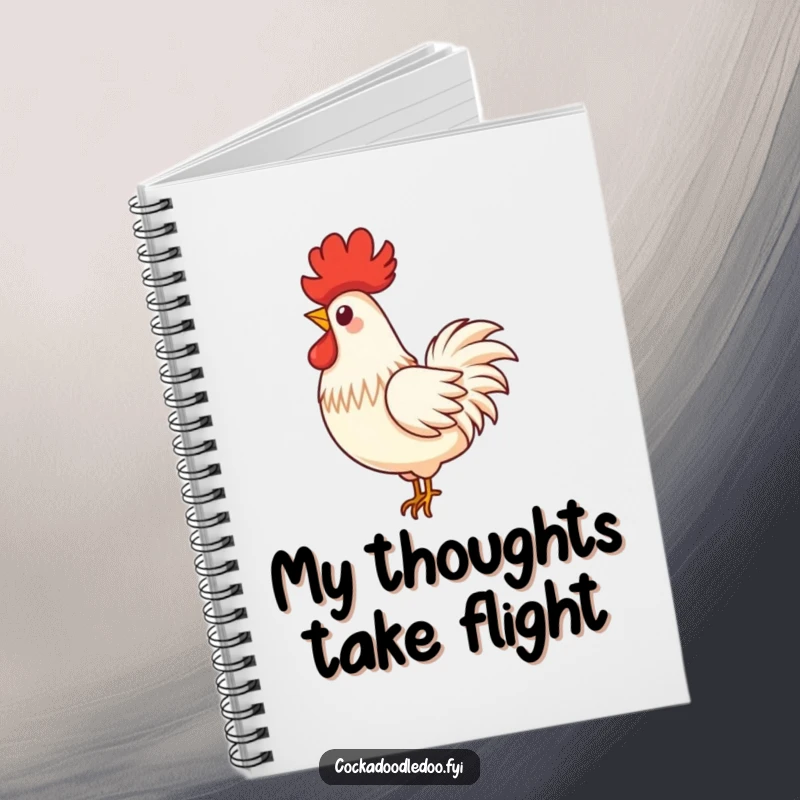 Funny notebook featuring a single, proud rooster feather in a playful swirl, floating gently down, inspiring calm thoughts.