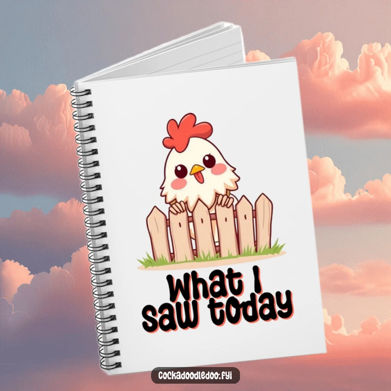 Funny notebook cover featuring a rooster excitedly peeking over a tiny fence, perfect for jotting down curious thoughts and exciting discoveries.